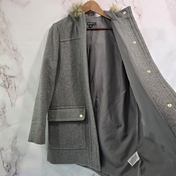 J Crew Coat Womens Medium 8 Gray Wool Blend Vail Parka Pea Zip Faux Fur Hood - Picture 9 of 13